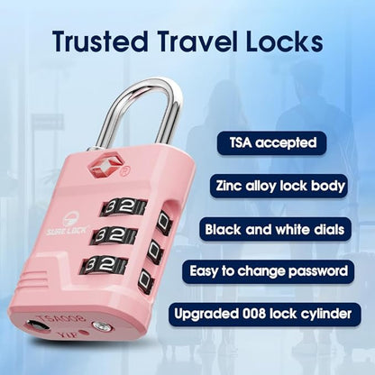 SURE LOCK TSA Locks for Luggage, TSA Approved Luggage Locks with Open Alert, 008 Key for High Security, Easy Read Dials, Zinc Alloy Body, Locker Lock for Suitcase, Gym, Travel.(Pink 4 pk)