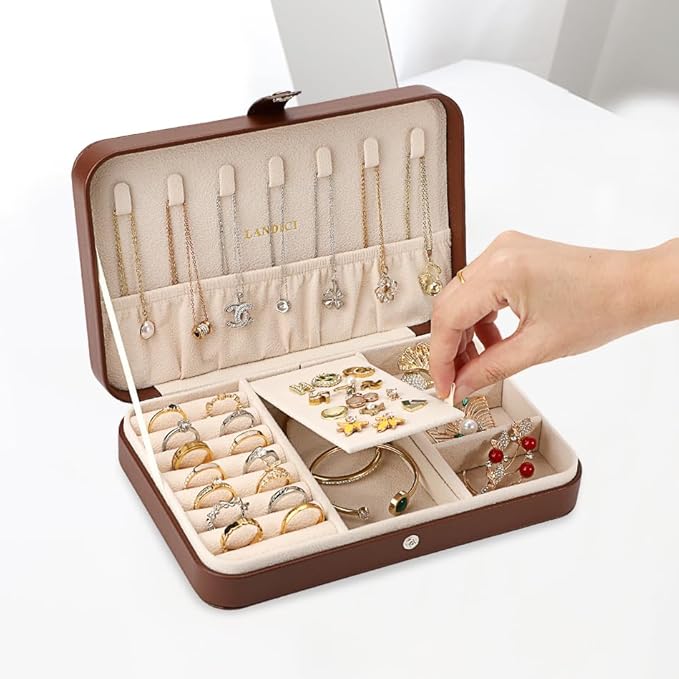 LANDICI Small Jewelry Box for Women Girls, PU Leather Travel Jewelry Case, Portable Jewelry Organizer Storage Holder Display for Ring Earrings Necklace Bracelet Bangle Men Kids Gift, Coffee