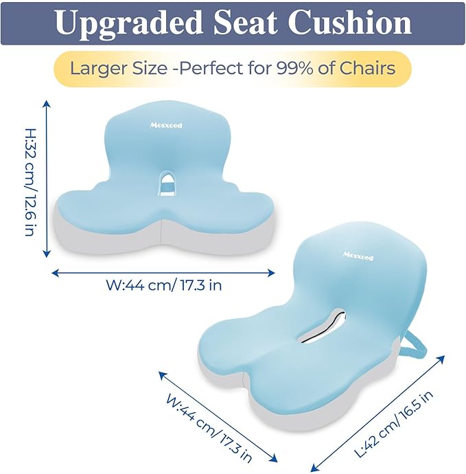 Memory Foam Seat Cushion for Sciatica & Back Pain Relief - Ergonomic Chair Pad with Adjustable Strap & Supportive Comfort Cover, Non-Slip for Car, Truck, Office Chair - Blue