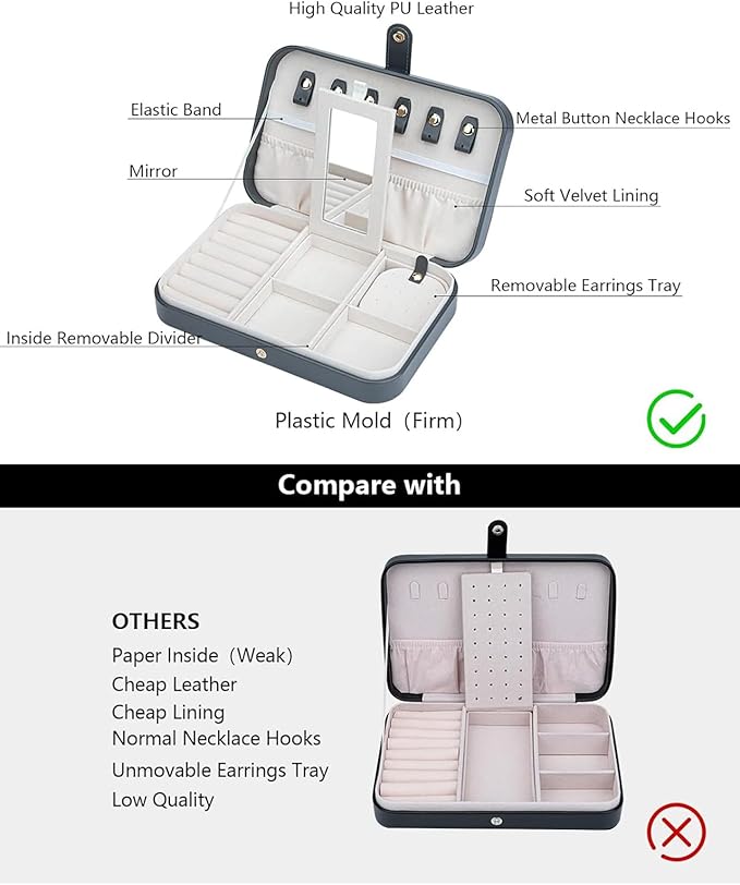 2-Layer Travel Jewelry Box for Women, Portable Jewelry Organizer with Mirror & Removable Dividers, PU Leather Jewelry Case – Gift for Wife, Mom, Girlfriend (Gray White)