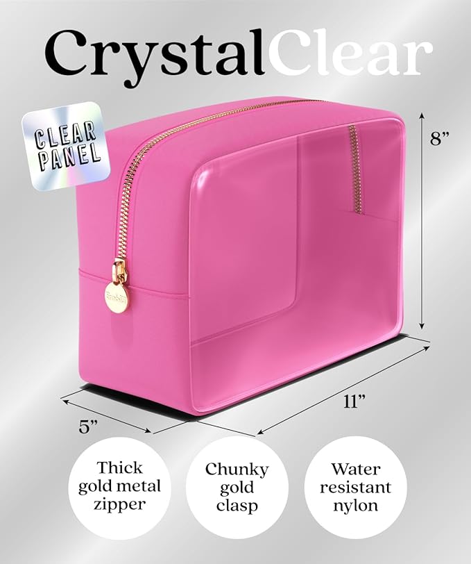 Embla London Makeup Bag Cosmetic Case, Clear Zipper Make Up Pouch and Toiletry Travel Tote, Cute Skincare Pouches for Women Girls, Preppy Purse Cosmetic Organizer, Large Makeup Bags, Bubblegum