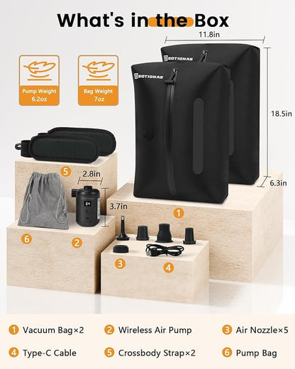 2Pack Vacuum Seal Bags For Clothing Travel With Wireless Pump | Waterproof Reusable Compression Bags with Shoulder Strap for Luggage and Suitcase, Space Saver Vacuum Seal Packing Cubes for Clothes