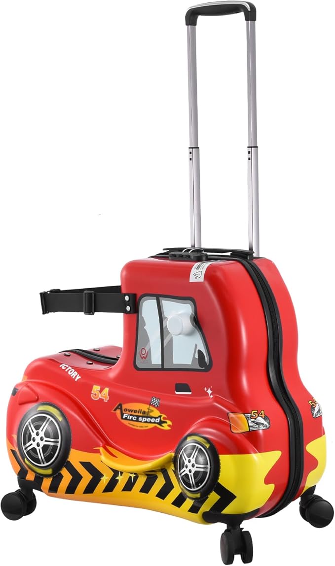 24 Inch Kid Ride Suitcase,Kid Luggage Seat Ride With Lock - Kids Travel Trolley With Safety Belt, Kids Luggage With Wheels Child Stroller Spinner Luggages, ABS+PC (Red Car, 5-12 Years)