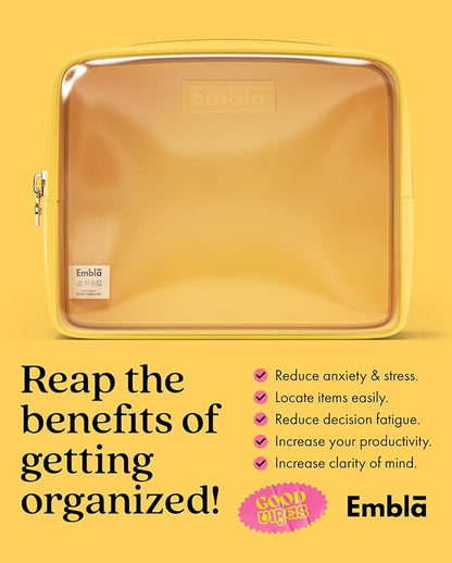 Embla London Makeup Bag Cosmetic Case, Clear Zipper Make Up Pouch and Toiletry Travel Tote, Cute Skincare Pouches for Women Girls, Preppy Purse Cosmetic Organizer, Large Makeup Bags, Lemon