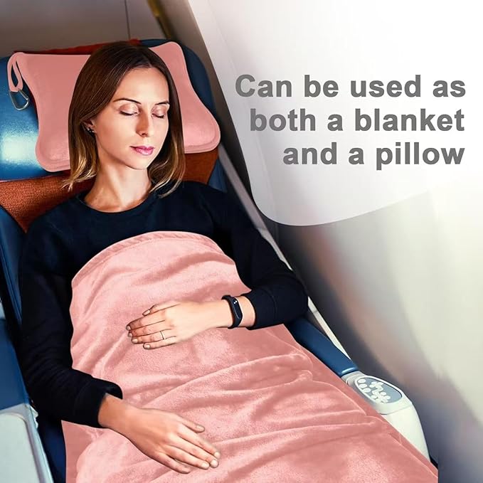 Travel Blanket and Pillow Compact, Premium Soft 2 in 1 Airplane Blanket with Soft Bag Pillowcase，Hand Luggage Sleeve and Backpack Clip (Solid Pink)