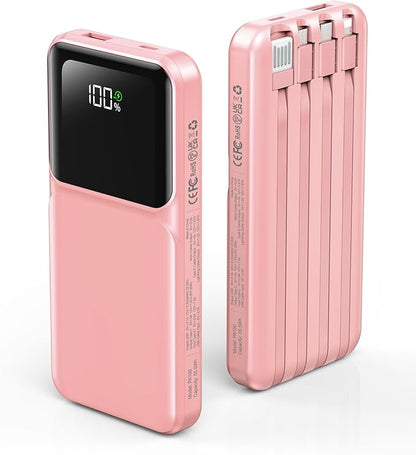 Portable Charger with Built in Cable - Power Bank Fast Charging 22.5W USB C 10000mAh LED Display Travel Battery Pack 5 Outputs & 3 Inputs for iPhone Samsung Android iPad Phones Tablets etc