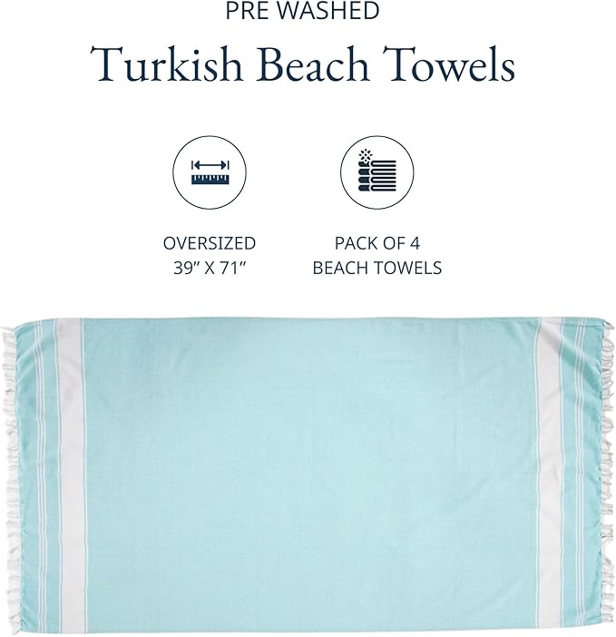 LANE LINEN Oversized Beach Towel - Beach Towels 4 Pack, Pre-Washed Pool Towel, Extra Large Beach Towel, Quick Dry & Sand Free, Lightweight Travel Towel, 39"x71" - Aqua