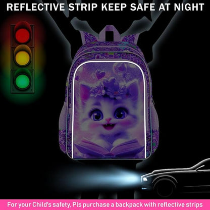 WZLVO 3PCS Kids Cat Bookbag Set, 16" Glittery UV Printing Girls Backpack/School Bag with Lunch Box & Pencil Bag for Preschool to Elementary - Reading Cat Purple