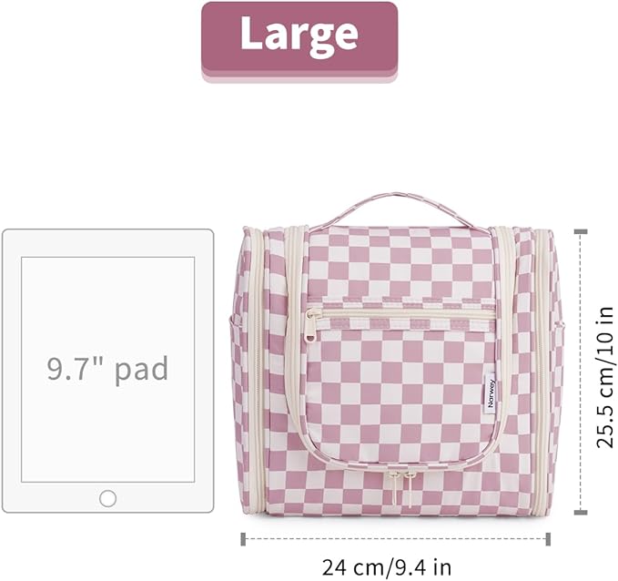 Narwey Checked Hanging Travel Toiletry Bag for Women, Travel Bag for Toiletries, Makeup Bag Organizer Cosmetic Bags Make Up Bags for Women (Dusty Rose Checkerboard)