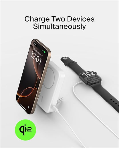 Belkin Portable Charger, Wireless Power Bank 15W 8000 mAh w/ Qi2 - MagSafe Charger w/Built-in Pop-up Kickstand - iPhone 17, Air, Pro, Pro Max, AirPods, Apple Watch, Google Pixel 10, etc. - White
