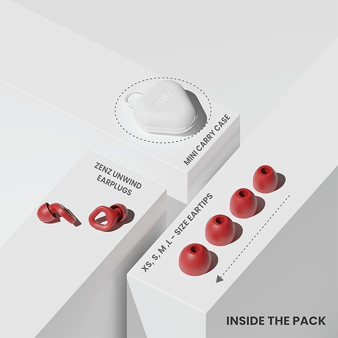 Zenz Unwind Ear Plugs for Sleeping Noise Reduction - Comfy Reusable Soft Silicone Earplugs for Focus, Study, Work - 8 Pair Eartips in XS/S/M/L - 27dB Hearing Protection with Storage Case - Fiery Red