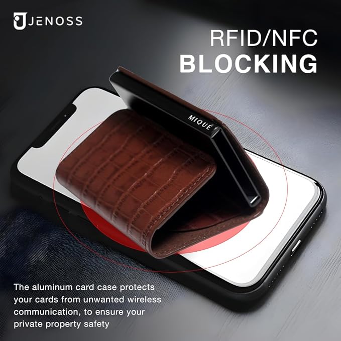 Jenoss Smart Wallet For Men: Full Grain Leather, Handcrafted, Slide Metal Pop Up Case, Slim RFID Blocking Credit Card Holder, Minimalist, Compact, 6-8 Cards Organizers, Front Pocket, Clip (Burgandy)