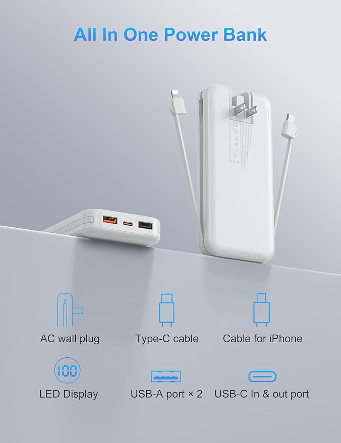 Portable Charger with Wall Plug, 12000mAh USB C Power Bank Fast Charging, External Battery Pack with Built in Cables, Digital Display, 5 Output 4 Input for iPhone Android Cell Phone Tablet