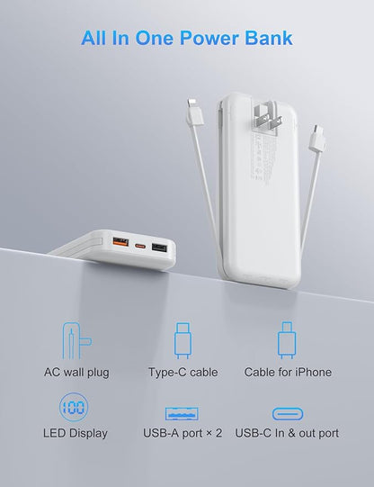 Portable Charger with Wall Plug, 12000mAh USB C Power Bank Fast Charging, External Battery Pack with Built in Cables, Digital Display, 5 Output 4 Input for iPhone Android Cell Phone Tablet