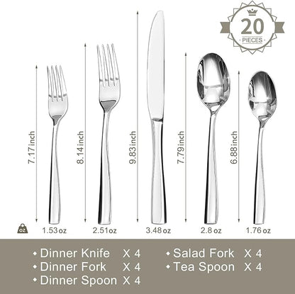 HIKAA 20-Piece Silverware Set for 4, Heavy Duty Stainless Steel Flatware Cutlery Set For Home Kitchen Restaurant Hotel, Kitchen Utensils Set, Mirror Polished, Dishwasher Safe
