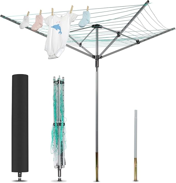 Umbrella Drying Rack Outdoor Umbrella Clothesline Rotary Retractable Clothes Line Adjustable Height 4 Arms Heavy Duty Clothesline Drying Rack 12 Lines with 165 Feet Clothes Line for Backyard