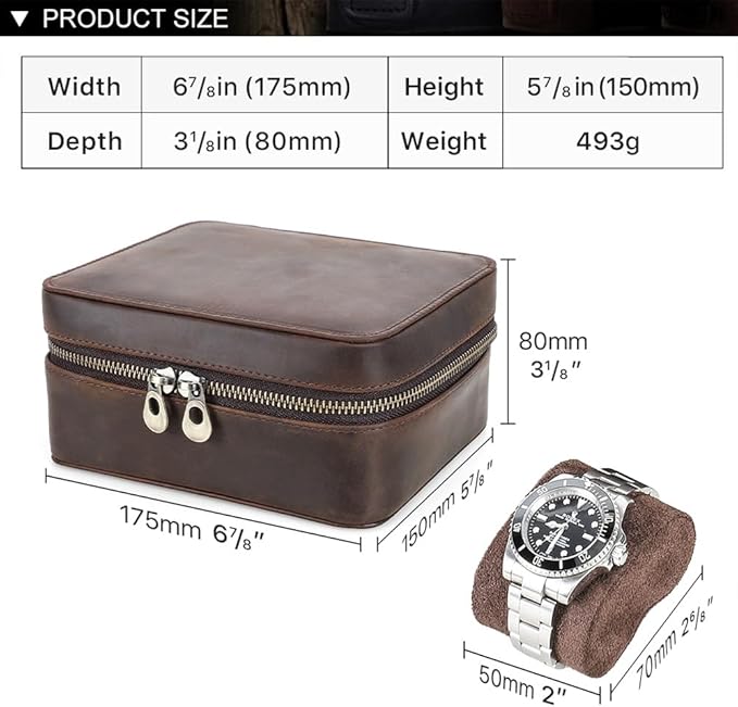 CONTACTS Watch Case Travel Sunglasses Holder for Men Full Grain Leather Jewelry Organizer for 3 Watches and Watch Straps or 1 Sunglasses