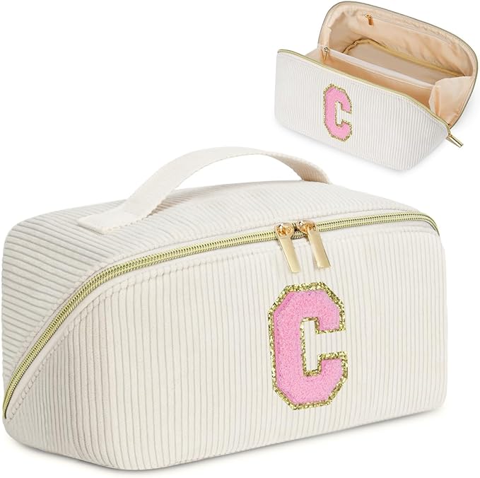 Personalized Initial Makeup Bag,Christmas Gifts for Girl,Preppy Bag Cosmetic Travel Bag Women,Travel Toiletry Organizer,Large Capacity Corduroy Stuff Bag,Cute Cosmetic Pouch Skincare Bag-C