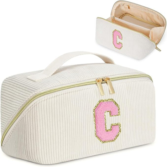Personalized Initial Makeup Bag,Christmas Gifts for Girl,Preppy Bag Cosmetic Travel Bag Women,Travel Toiletry Organizer,Large Capacity Corduroy Stuff Bag,Cute Cosmetic Pouch Skincare Bag-C