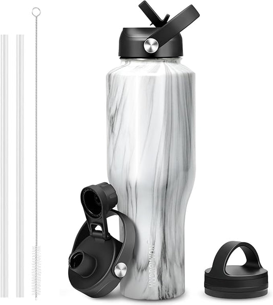 HYDROWION Water Bottle Stainless Steel,Vacuum Insulated Leak Proof Tumbler 32oz with Straw Lid, Spout Lid and Flex Cap(Cold for 48 Hrs, Hot for 24 Hrs), Fit in Any Car Cup Holder, Marbling