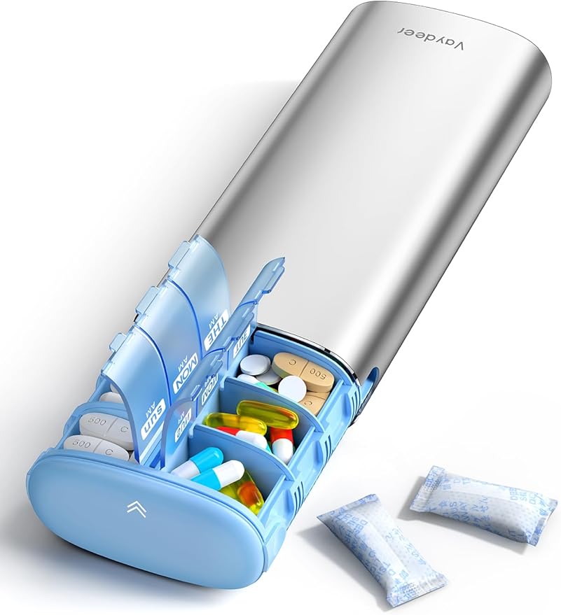 Vaydeer Metal 7 Day Pill Organizer 2 Times a Day – AM PM Weekly Travel Pill Case with Moisture-Proof Desiccant, Airtight Large Capacity Pill Box for Vitamins, Medications & Supplements (Silver)