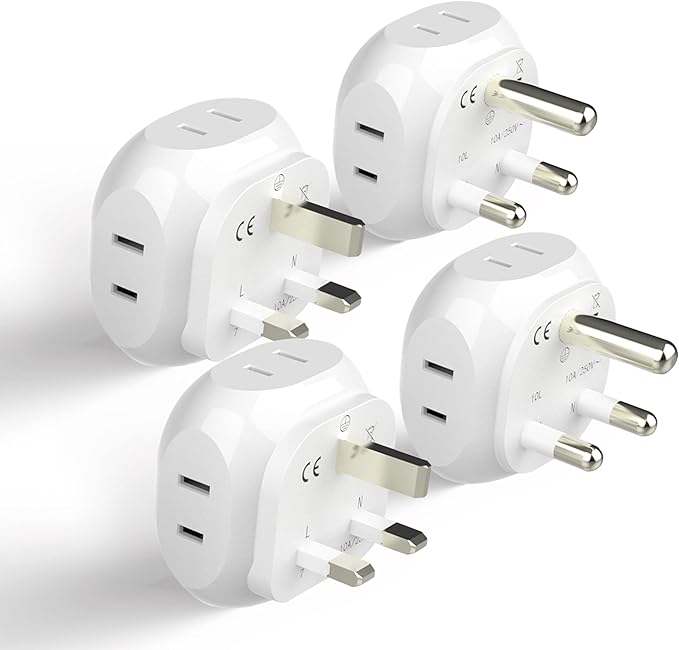 Ceptics South Africa Travel Plug Adapter Set - 4 Input - Ultra Compact - Light Weight - Type M and Type G - USA to Any Type M Countries Such as Botswana, Namibia - 4 Pack (PT-7-10L-4PK),White