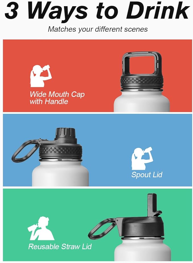 Coolflask Water Bottle 24 oz Insulated with Straw, Stainless Steel Metal 3 Lids Water Flask Wide Mouth for Sports or Office, Non-BPA Keep Cold Up to 48 Hrs or Hot Up to 24 Hrs, White