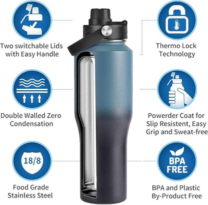 32oz Water Bottle Insulated with Straw,Leak Proof Water Bottles，Mens Water Bottle Stainless Steel for Gym,Hiking,Travel，Sport,1 Liter,Bpa free