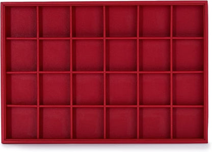 Oirlv Gorgeous Red Leather 24 Gird Jewelry Tray Stackable Jewelry Drawer Organizer Rings Earrings Organizer Storage