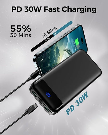 Portable Charger, Power Bank 40000 mAh PD 30W and QC 4.0 Fast Charging External Battery Pack with USB-C LED 3 Outputs & 2 Inputs Portable Charging Phone 15 14 13 pro