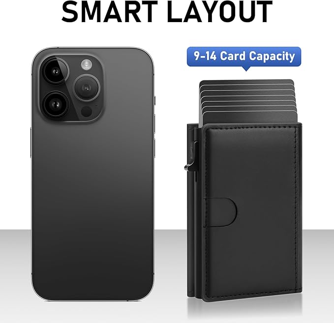 Business Card Holder Leather Wallets for Men Rfid Blocking Wallet Front Pocket Pop Up Aluminum Case Black Card Cases with 1 ID Window