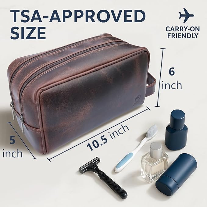 RUSTIC TOWN Leather Toiletry Bag for Men - Travel Shaving Ditty Kit - Bathroom Shower Toiletries Organizer - Leather Cosmetic Bag for Women (Walnut Brown)