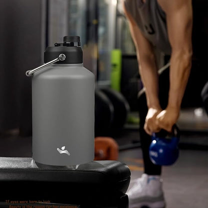 1 Gallon Jug with Handle,128 oz Insulated Water Bottle with Carrying Pouch, Double Wall Vacuum Stainless Steel Metal Bottle,Gray