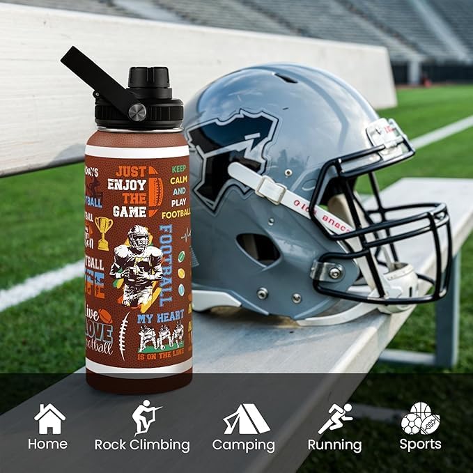 American Football Insulated Stainless Steel Water Bottle 32oz, Vacuum Chug Lid Travel Tumbler for Men Friends Dad Football Lovers Fans Coaches, Gift for Birthday Christmas Father's Day