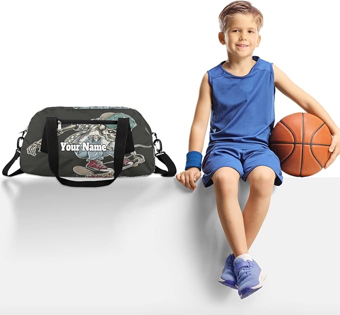 Custom Your Name Cool Human Skeleton Skateboard Personalized Text Gym Duffle Bag for Kids,Sports Bag for Teens Boys & Girls Small Waterproof Overnight Weekender Carry School Practice Travel Bag