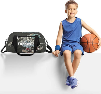 Custom Your Name Cool Human Skeleton Skateboard Personalized Text Gym Duffle Bag for Kids,Sports Bag for Teens Boys & Girls Small Waterproof Overnight Weekender Carry School Practice Travel Bag