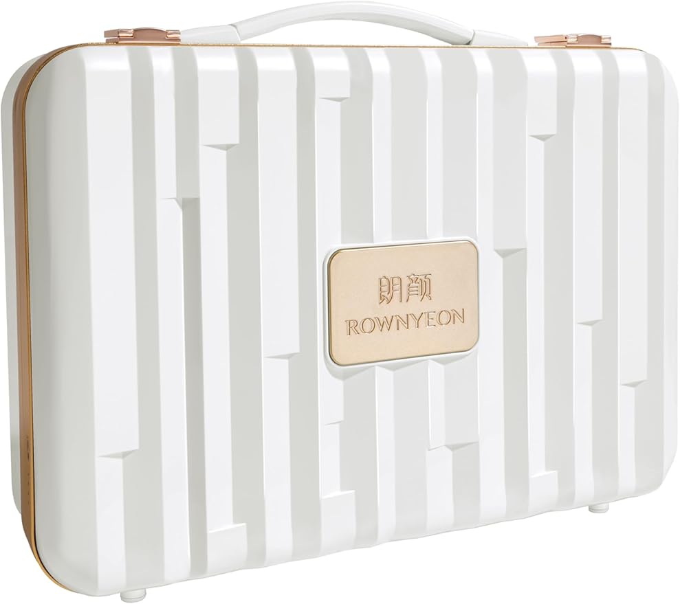 ROWNYEON Portable Travel Makeup Case With Light Up Mirror & Removable Divider - Train Case Organizer for Girls & Makeup Artist, Hairstylist - 10x Mirror (White)