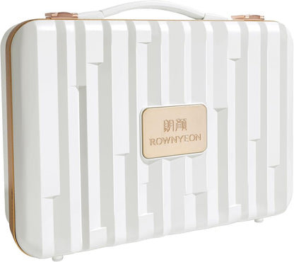 ROWNYEON Portable Travel Makeup Case With Light Up Mirror & Removable Divider - Train Case Organizer for Girls & Makeup Artist, Hairstylist - 10x Mirror (White)