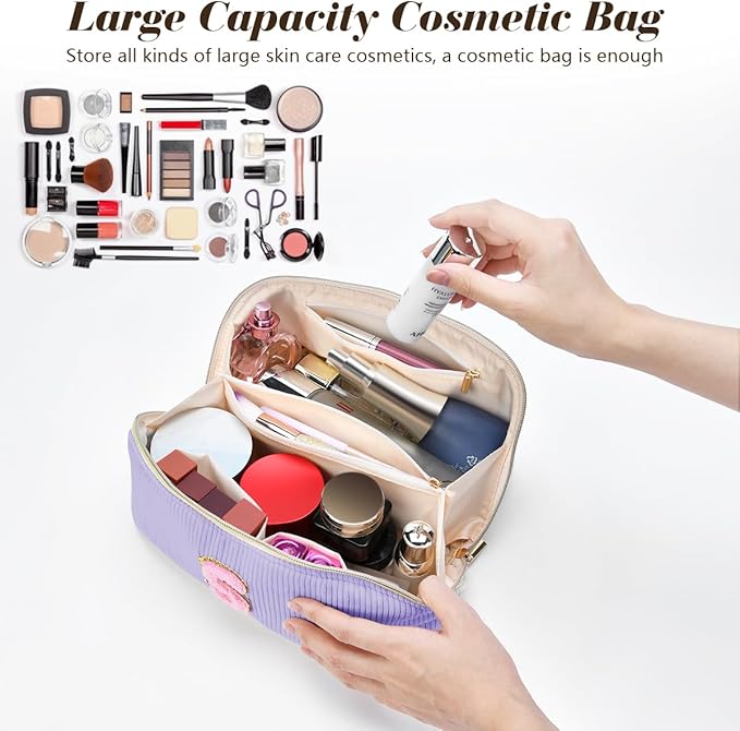 Personalized Initial Makeup Bag,Christmas Gifts for Girl,Preppy Bag Cosmetic Travel Bag Women,Travel Toiletry Organizer,Large Capacity Corduroy Stuff Bag,Cute Cosmetic Pouch Skincare Bag-Q