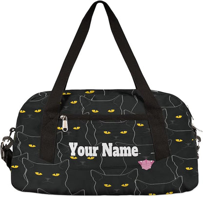 AUUXVA Custom Black Cat Animal Pattern Personalized Text Gym Duffle Bag for Kids, Sports Bag for Teens Boys & Girls, Small Waterproof Overnight Weekender Carry Practice Travel Bag