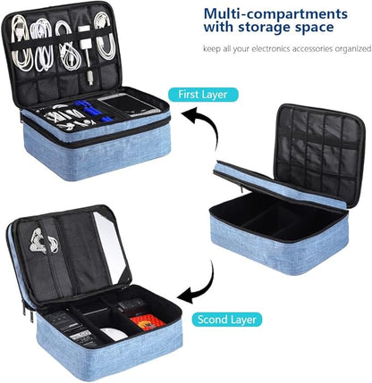 Travel Electronics Organizer, Waterproof Cable Organizer Bag for Electronic Accessories Double Layer Large Shockproof Cable Storage Bag for Cord, Power Bank, Tablet(Up to iPad 11 inch) - Denim blue