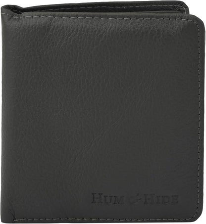 Hum & Hide Full-Grain Leather Wallet for Men – RFID Blocking Slim Bifold, Genuine Cowhide with 8 Card Slots, Coin Pocket & ID Window, Minimalist Leather Gift Wallet (Grey)