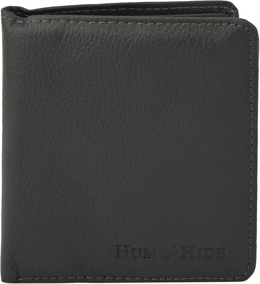 Hum & Hide Full-Grain Leather Wallet for Men – RFID Blocking Slim Bifold, Genuine Cowhide with 8 Card Slots, Coin Pocket & ID Window, Minimalist Leather Gift Wallet (Grey)