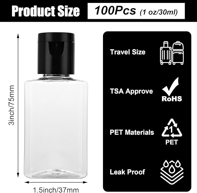 QTLCOHD 120 Pack 1 Oz Plastic Refillable Bottles with Flip Cap, Clear Empty Hand Sanitizer Bottles, Portable Reusable Containers with Lids for Shampoo,Body Soap,Toner and Lotion