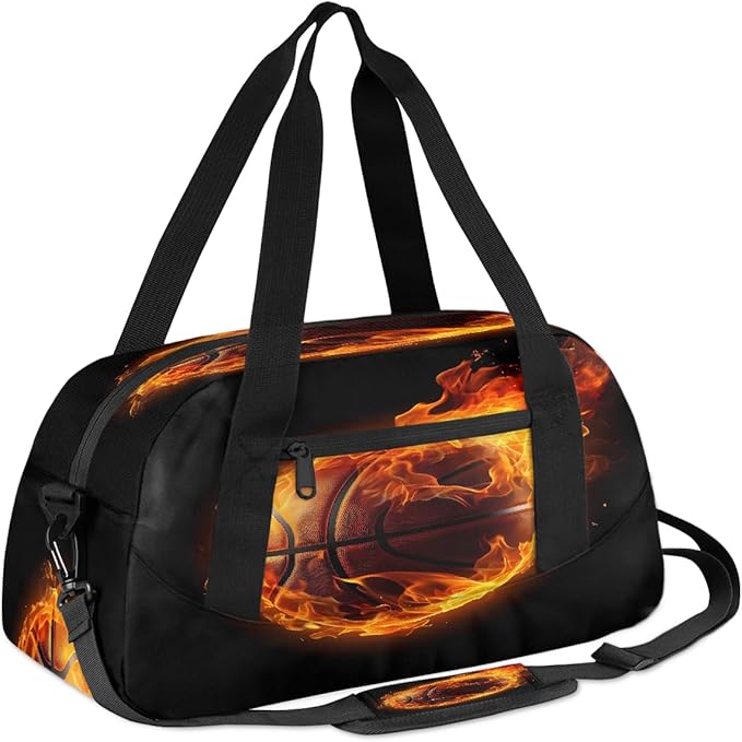 Kids Duffel Bag for Boys Girls Teens, Fire Basketball Waterproof Gym Sports Duffle Bags Dance Travel Overnight Weekender Bag for School Practice