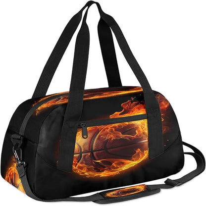 Kids Duffel Bag for Boys Girls Teens, Fire Basketball Waterproof Gym Sports Duffle Bags Dance Travel Overnight Weekender Bag for School Practice