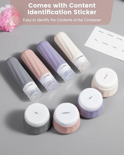 Travel Size Toiletries 8 Pack, TSA Approved 3oz Silicone Squeeze Bottles & Cream Jars with Clear Travel Bag