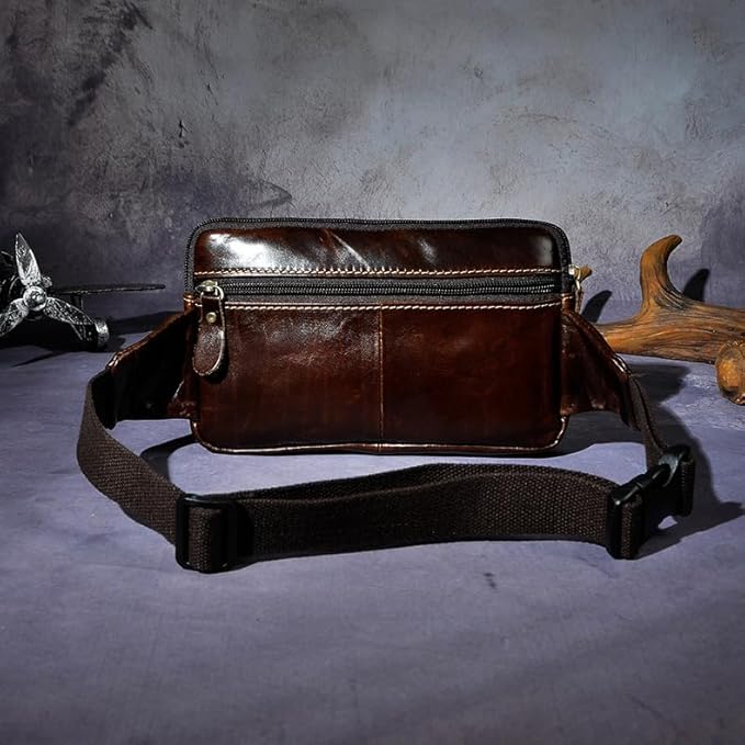 Rugged Pull-Up Leather Waist Bag for Men Full Grain Vintage Outdoor Compact Hip Pouch with Gift Box (Coffee)