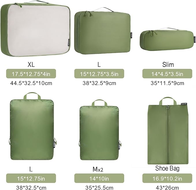 Bagail Ultralight Compression Cubes 7 Set - 3 Packing Cubes, 3 Organizers, and 1 Shoe Bag