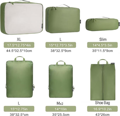 Bagail Ultralight Compression Cubes 7 Set - 3 Packing Cubes, 3 Organizers, and 1 Shoe Bag